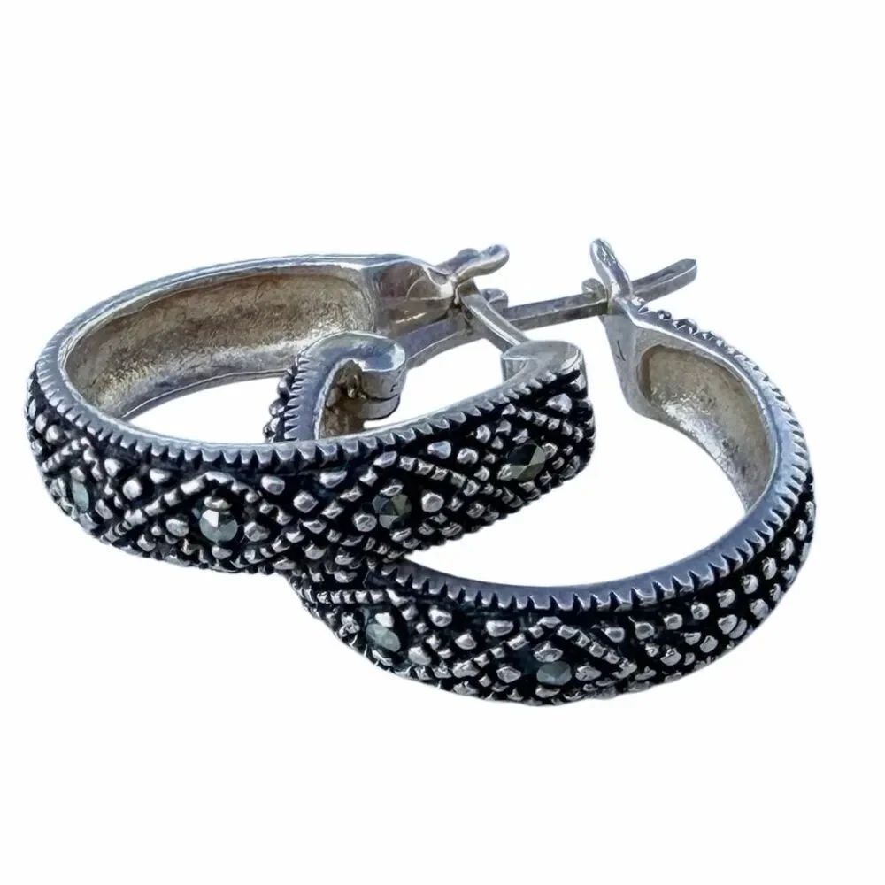 925 FAS Sterling Silver Marcasite Hoop Earrings Vintage Art Deco Style